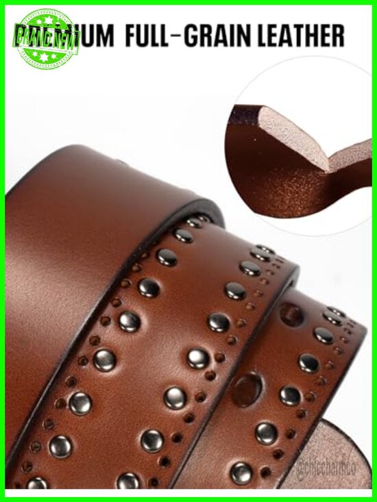 Western Leather Belt - Studded Vintage Silver Buckle for Jeans & Boho main image 2